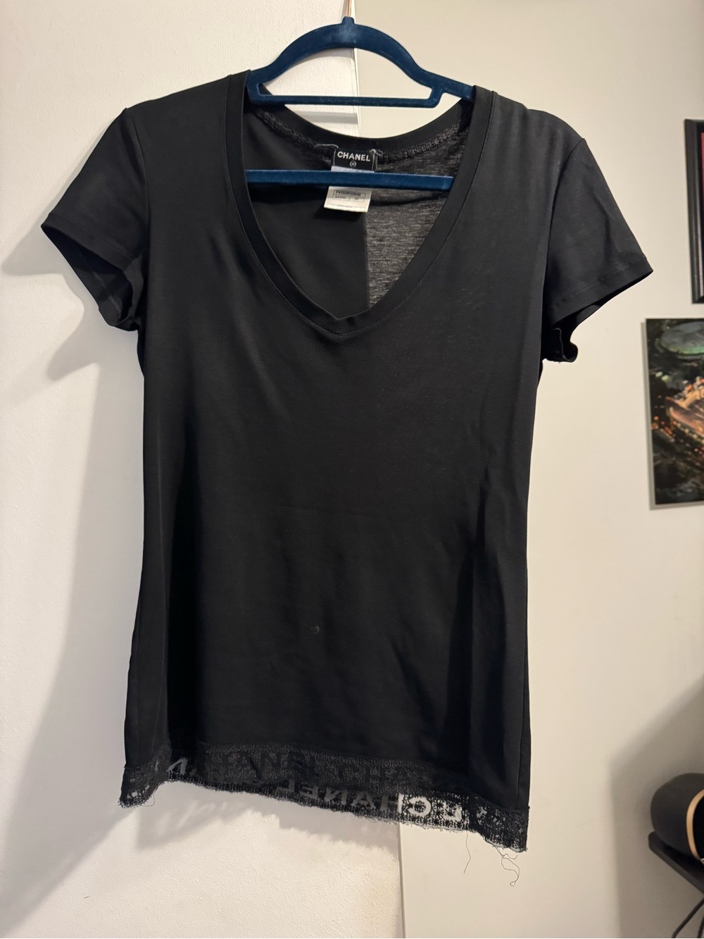 CHANEL Black V-Neck Short Sleeve Tee with Lace Hem